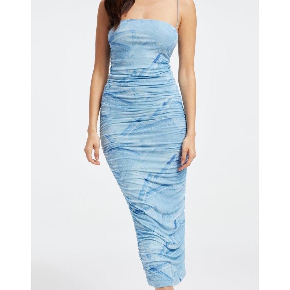 Good American Ruched Mesh Midi Dress Blue Jean Print Sz 1 NWT Retail: $129 Party